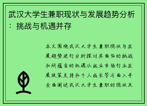 武汉大学生兼职现状与发展趋势分析：挑战与机遇并存