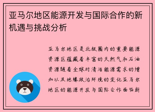 亚马尔地区能源开发与国际合作的新机遇与挑战分析