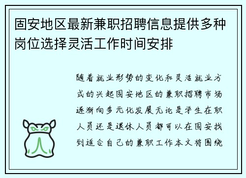 固安地区最新兼职招聘信息提供多种岗位选择灵活工作时间安排