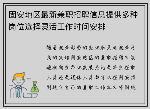 固安地区最新兼职招聘信息提供多种岗位选择灵活工作时间安排