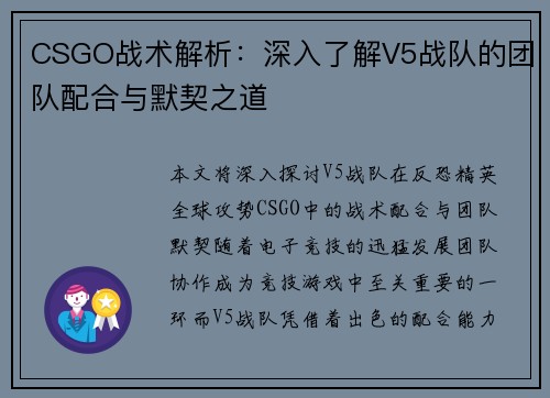 CSGO战术解析：深入了解V5战队的团队配合与默契之道