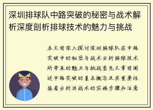 深圳排球队中路突破的秘密与战术解析深度剖析排球技术的魅力与挑战