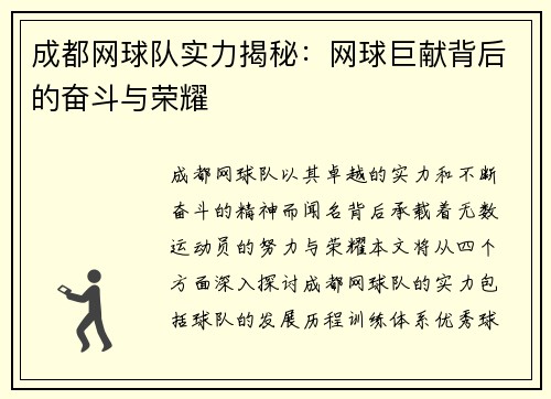 成都网球队实力揭秘：网球巨献背后的奋斗与荣耀
