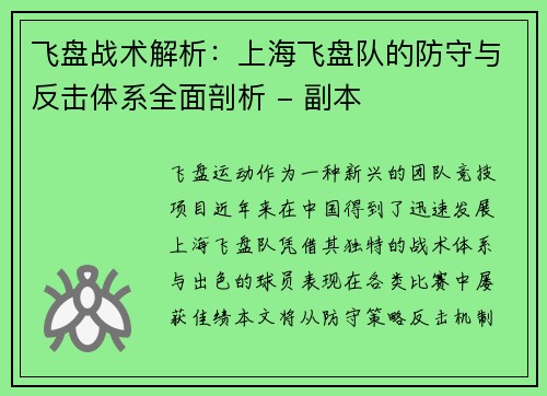 飞盘战术解析：上海飞盘队的防守与反击体系全面剖析 - 副本