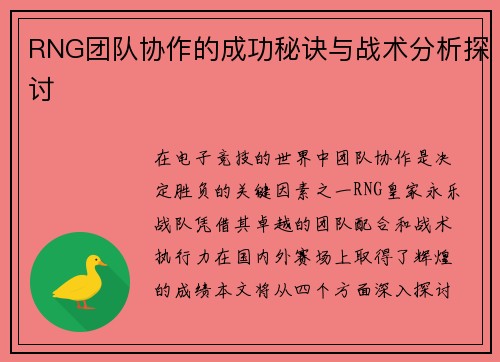 RNG团队协作的成功秘诀与战术分析探讨