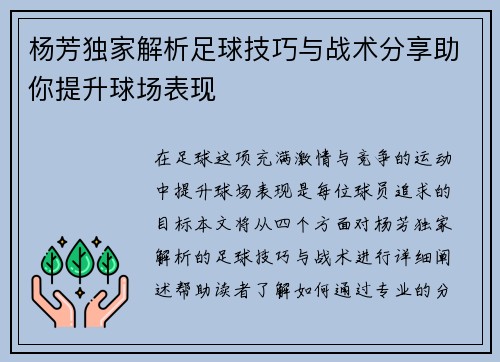 杨芳独家解析足球技巧与战术分享助你提升球场表现
